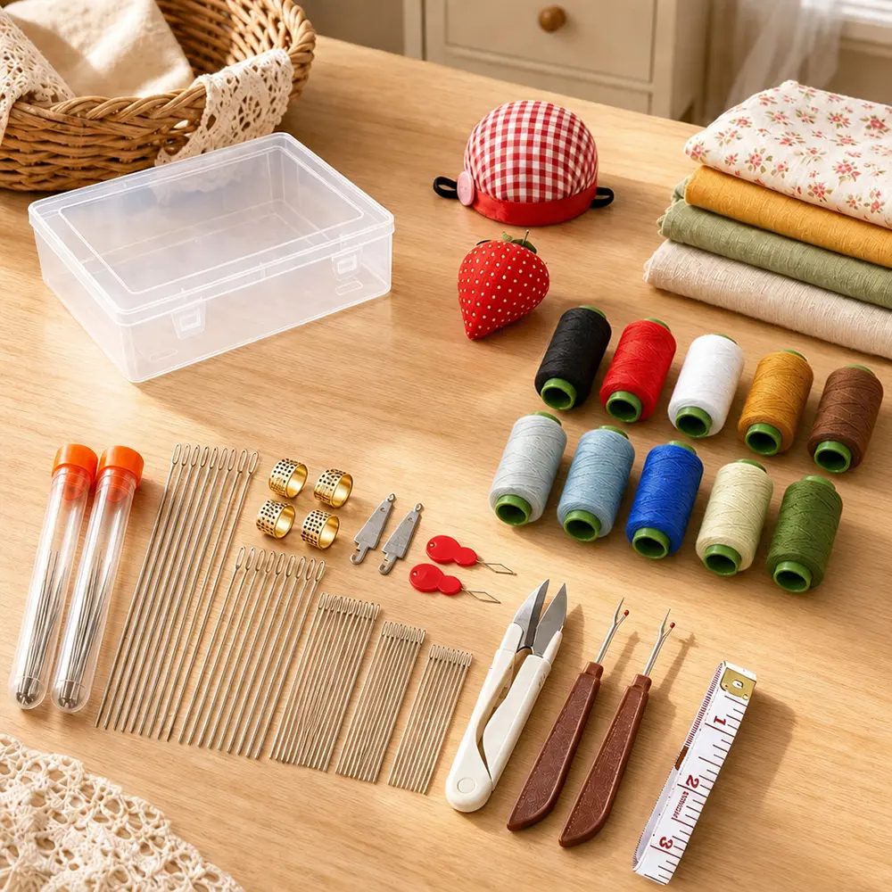 75 pcs count Sewing Tool Set, Big Eye Steel Sewing Kit,10 Rolls Jeans Thread, Denim Hand Repair Kit for Beginners, Portable DIY Travel Working