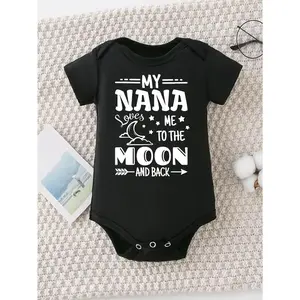 Cute Baby Bodysuit With My Nana Loves Me To The Moon And Back Print Soft Versatile Round Neck Button Detail Regular Fit All Seasons Knitted Fabric Onesie For 0-12 Months