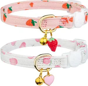 2 Pack Cotton Breakaway Cat Collar Pink Strawberries and White Heart Shaped Pendant Cute Kitten Cat Collar with Bell Soft
