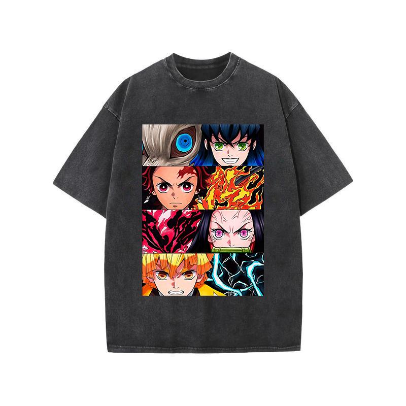 Demon Slayer Graphic Tee Anime Oversized T-Shirt 100% Cotton Vintage Washed Streetwear for Men & Women Tanjiro Nezuko Inosuke Zenitsu Aesthetic Top