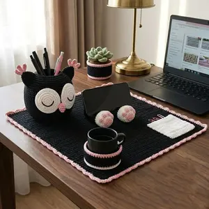 Beginner Crochet DIY Kit, Cute Handmade Desk Organizer Set, Owl Pen Holder & Cat Paw Phone Stand, Office Decor Gift for Girls