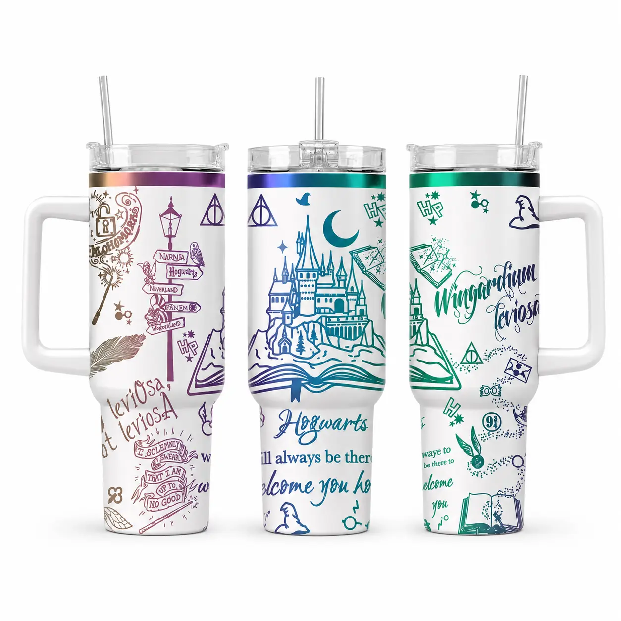 Magical Wizard School 40oz Tumbler with Handle & Straw, Fantasy Castle Graphic Travel Cup, Book Lover Drinkware, Enchanted Gift for Magic Fans