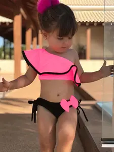 European Style Baby Girl Solid Color Swimsuit, Off-Shoulder Two-Piece Swimwear, Frill Design, Kids Bathing Suit, Fashion, Swimwear Outfits, Toddler Swimsuit