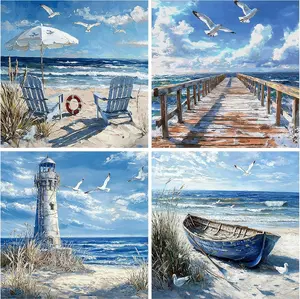 5D Full Drill Diamond Painting 4-Pack, Coastal Beach Scenery, Lighthouse Pier Boat & Chairs DIY Wall Decor Set