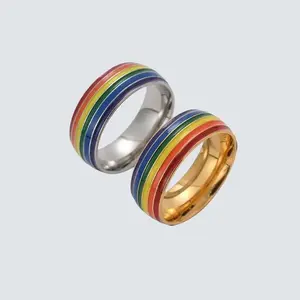 Fashionable Unisex Pride Rainbow Ring Set Matching LGBT Pride Jewelry Pinky Ring Round Rainbow Vintage Ring