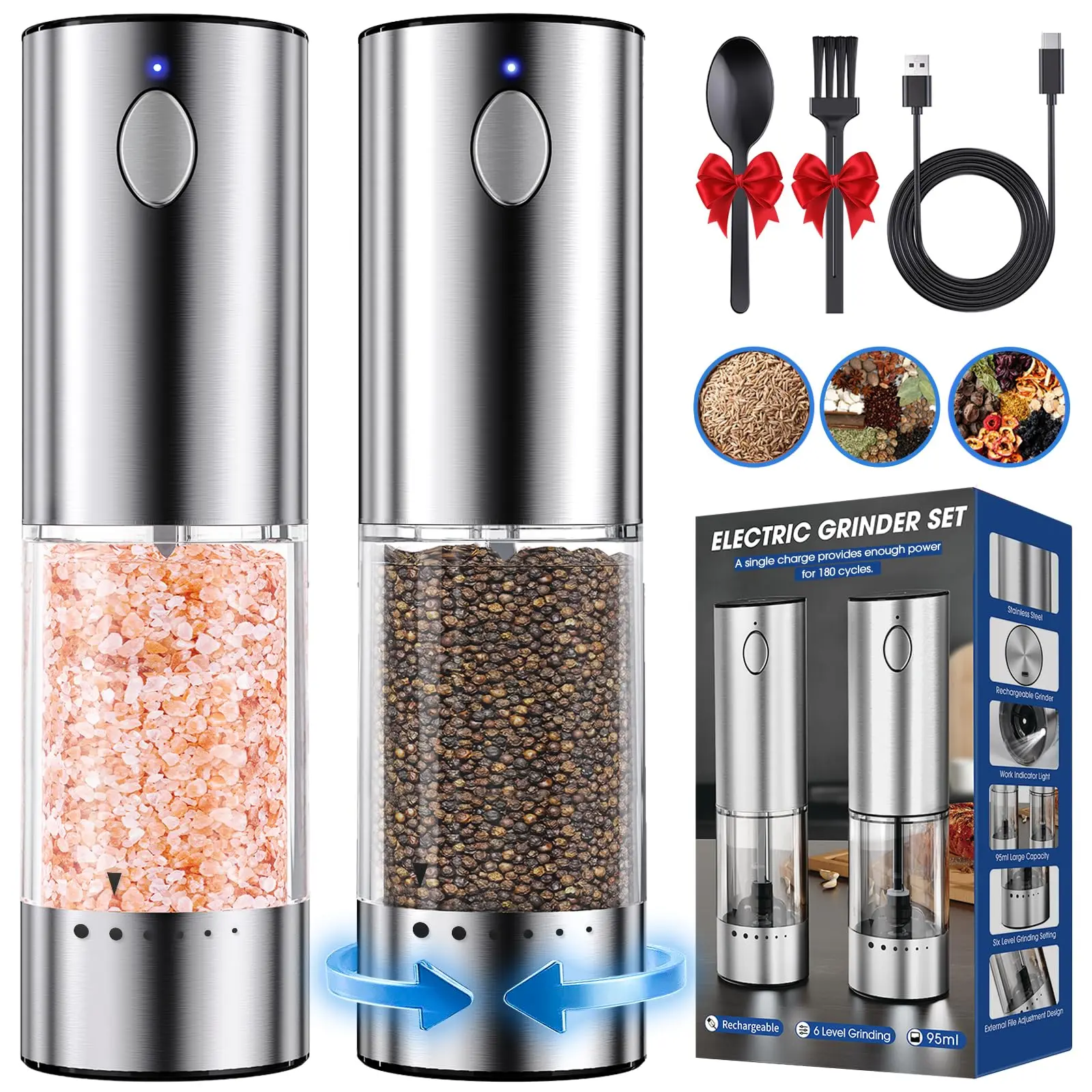 2-Piece Upgraded Larger Capacity Rechargeable Type-C Electric Salt and Pepper Grinder Set, Stainless Steel with LED Light, 6 Adjustable Coarseness, 1-Button 1-Hand Operation, Kitchen Utensils for Seasonings, Home Kitchen & BBQ Use, Ideal Gift, Christmas,