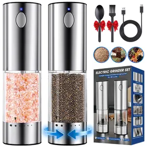 HomeHacks Upgraded Larger Capacity Electric Salt and Pepper Grinder Set(2PCS), Rechargeable Type-C with LED Light, Stainless Steel Automatic & 6 Adjustable Coarseness, One button,One hand, for Home Kitchen & BBQ, Ideal as Mothers Day Gifts