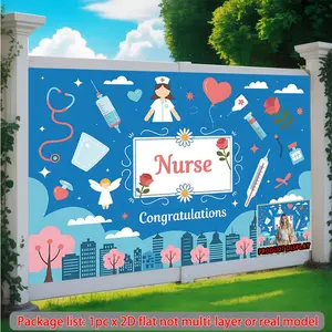 2D Flat, 2D Flat Banner, 1pc, Nurse Congratulations with Medical Icons, Nurse's Day Background Fabric - Holiday Photo Banner, 2D Flat