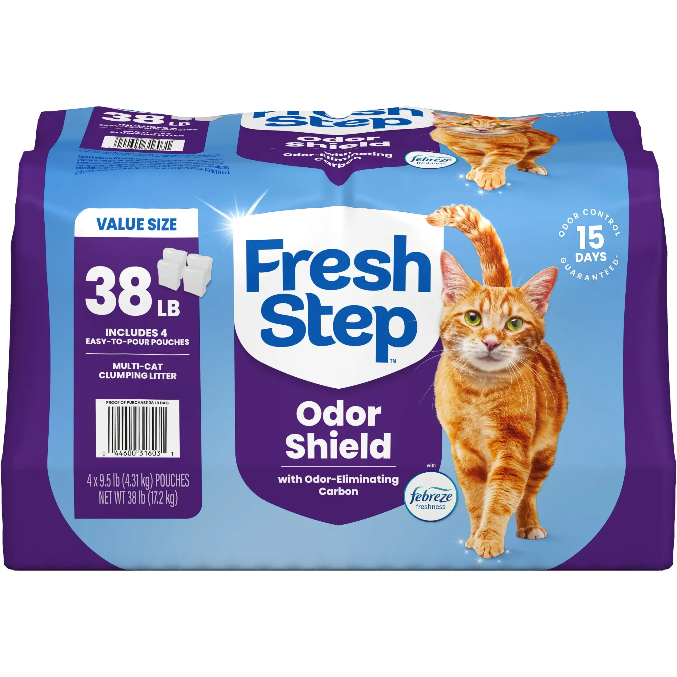 Fresh Step Odor Shield Multi-Cat Litter For Pet Odor Control Clumping Clay Febreze Freshness 38 lb 4 Pack Pouches