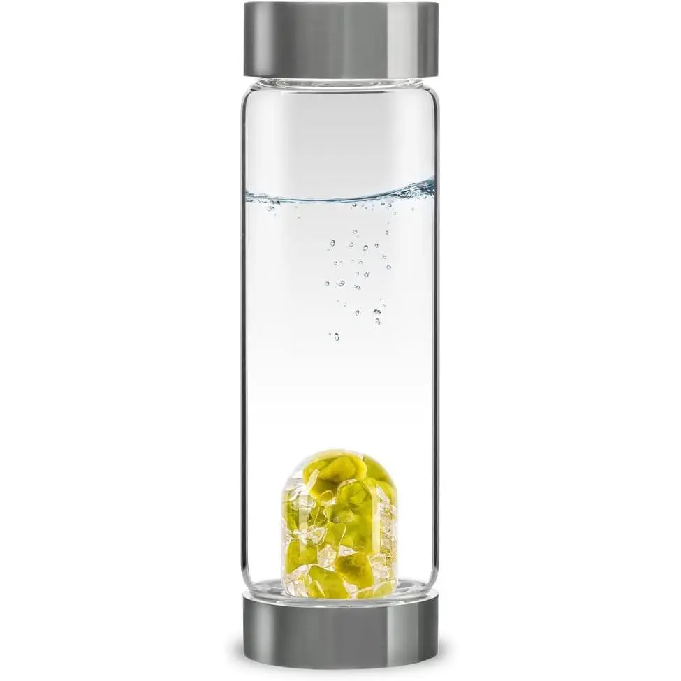 VIA Happy Moments Crystal-Infused Water Bottle - 16.9fl.oz Glass Bottle with Pistachio Opal and Clear Quartz for Abundance, Prosperity, Joy, Heart Chakra Activation & Holistic Positive Energy Infusion. VitaJuwel VIA Happy Moments was previously  Euphoria.