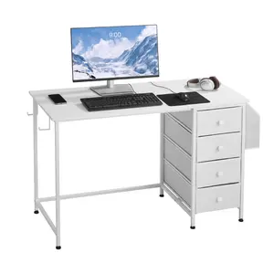 【DealsForYouDays】VEVOR Computer Desk with Fabric Drawers, 47 Inch Reversible Study Work Writing Desk for Modern Home Office Bedroom, Simple Modern Cute PC Table Metal Frame Business Furniture, White