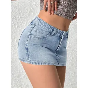PETITE Women Casual Washed Mini Denim Skirt