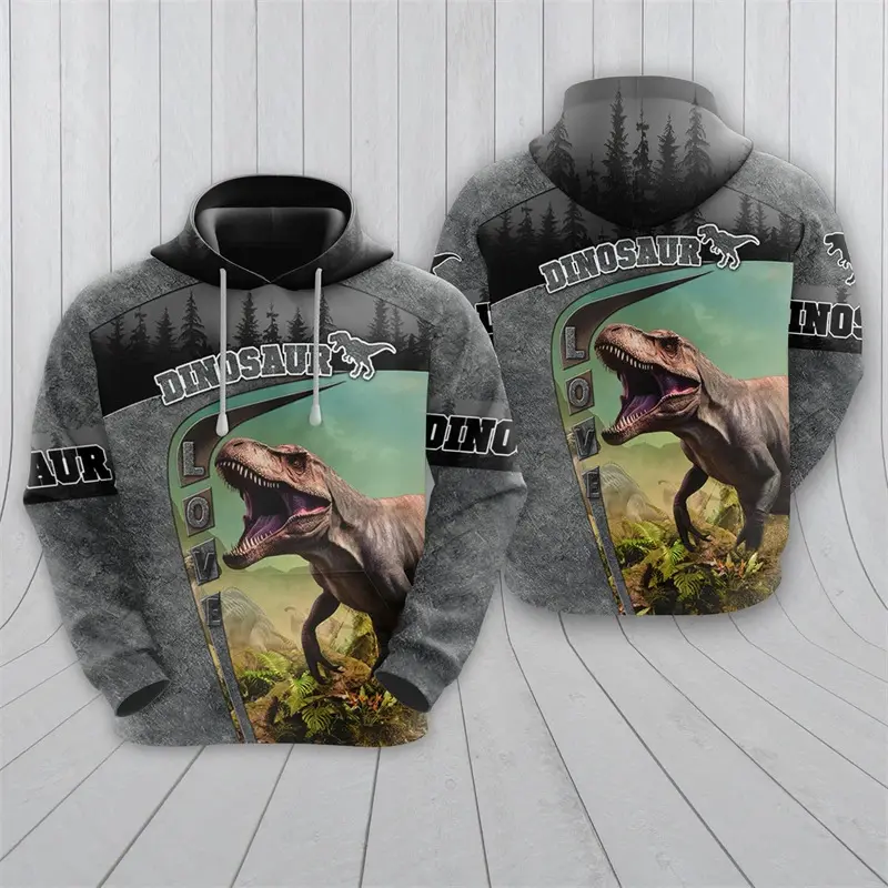 Menswear Men's Harajuku Style Graphic Print Hoodie - 3D T-Rex Dinosaur Design, Long-Sleeve Polyester Pullover