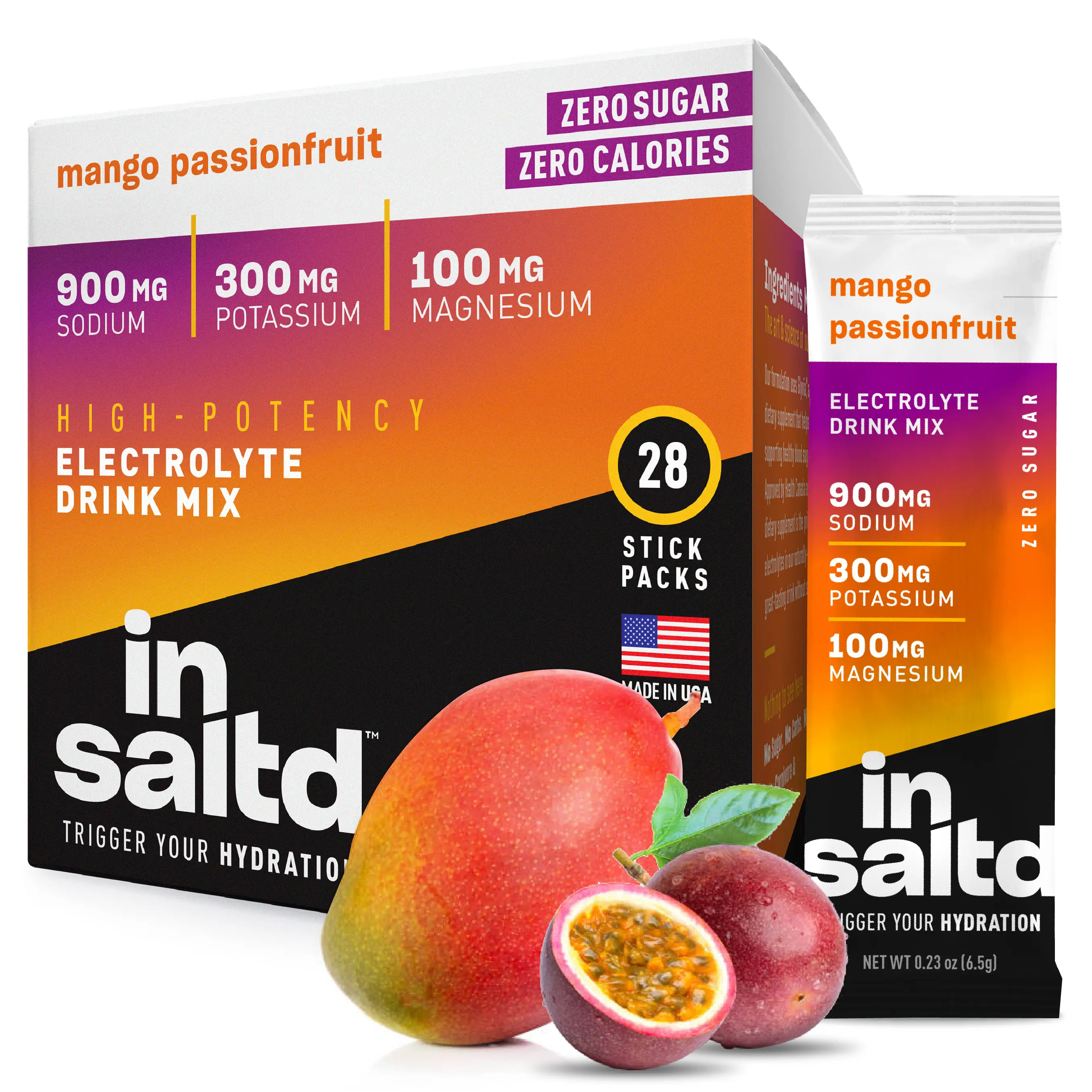 Insaltd High-Potency, Zero Calorie Electrolyte Drink Mix - Mango Passionfruit Flavor 28 Stick Pack Hydration Drink Powder. Beverage for Sport Energy