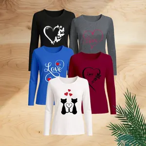 Women's 5-Piece Heart&Love Print Long-Sleeved T-Shirt Set, Casual Comfortable Crewneck, Milk Silk Fabric, Fitted & Lightweight, Ideal for Spring Summer & Autumn, Versatile Daily Wear