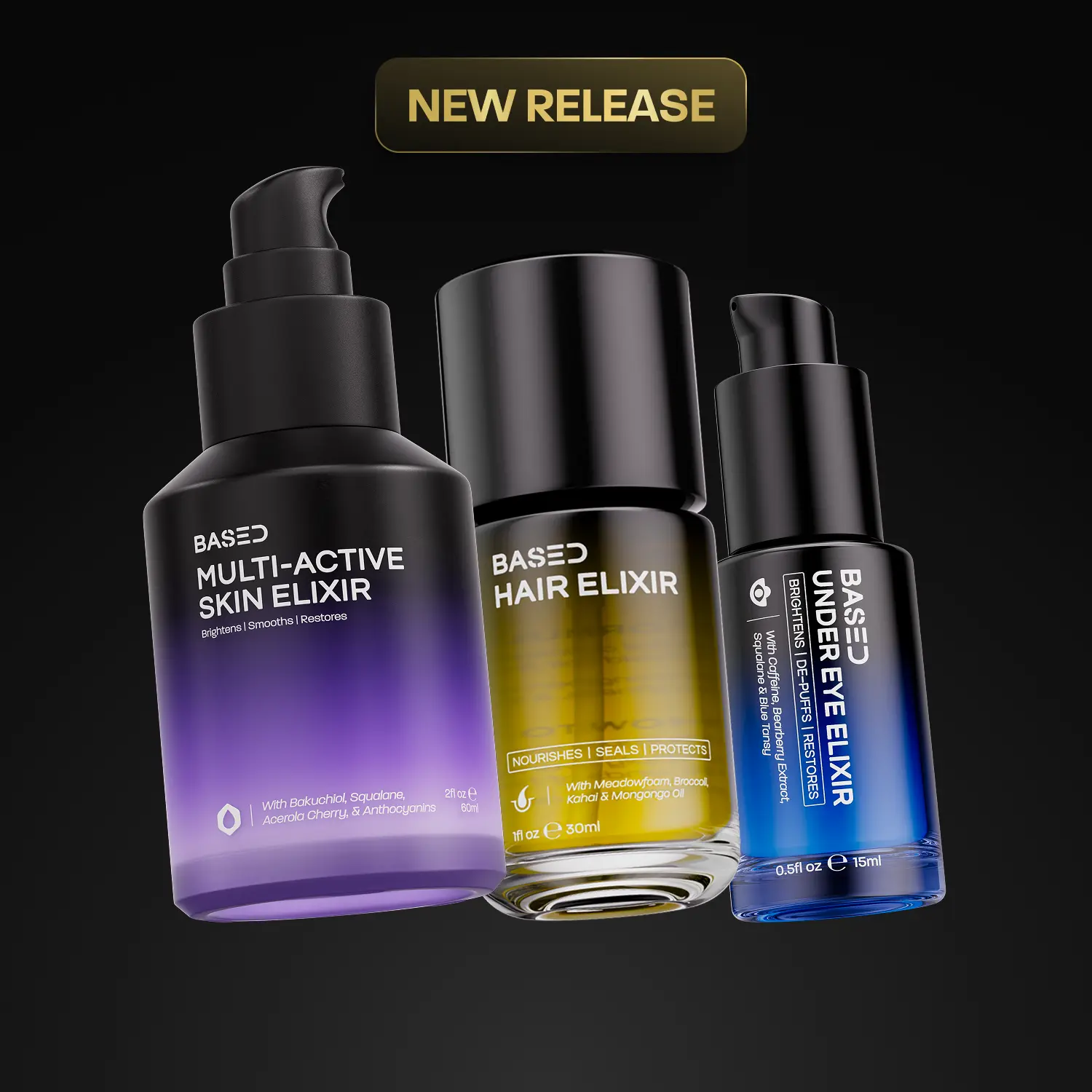 BASED 3-Piece Elixir Set with Hair Elixir, Under Eye Elixir and Multi-Active Skin Elixir