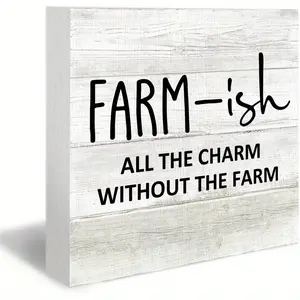 Rustic Farmhouse Wood Box Sign, Farmhouse Desk Shelf Decor, Farm-Ish All the Charm without the Farm Wooden Block Plaque Box Sign for Farmhouse Home Living Room Bedroom Table Decor 5x5 inch