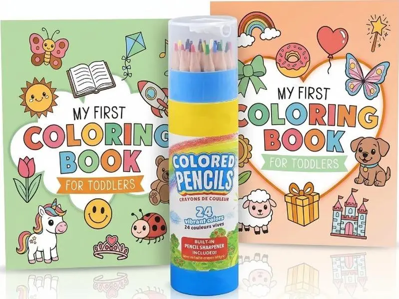 My First Toddler Coloring Bundle – Set of 2 Fun Easy Coloring Books for Boys & Girls + 24 Junior Colored Pencils