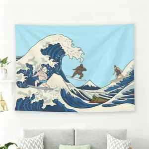 Surfing The Great Wave Off Kanagawa Meme Wall Flag, Bigfoot and Friends Funny Tapestry