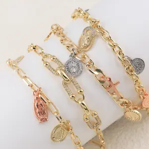 Tricolor 14k Gold Plated Bracelets Charms Paper Clip Bracelet 3 Tone Gold Plated Virgen Guadalupe Cross Bracelet Oro Laminado Pulsera Charm Bracelet