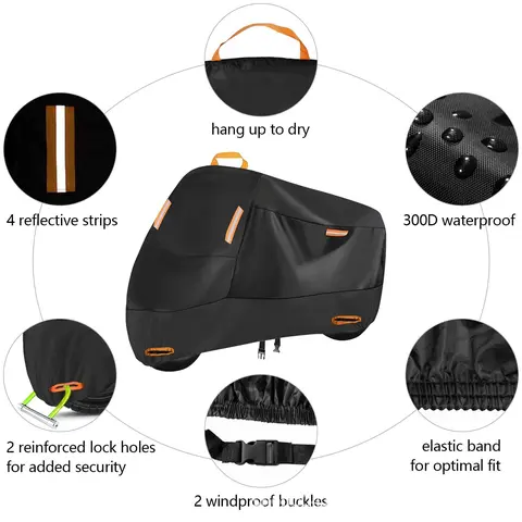 Universal-Fit All-Weather Motorcycle Cover with Thick Tear-Resistant Material and Reflective Strips for Enhanced Visibility, UV-Resistant, Dustproof, and Waterproof, Motorcycle Accessories