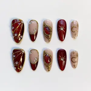 Fall Cat Eye Burgundy Press on nails short almond nails/Glitter Nails