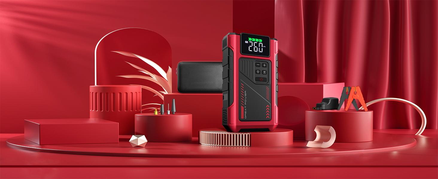 12000mAh Portable Jump Starter with Air Compressor, 150PSI, 12V Car Battery Jump Box, 8L Gas & 6.5L Diesel Engines, Wireless, Safe Clamps for Easy Use