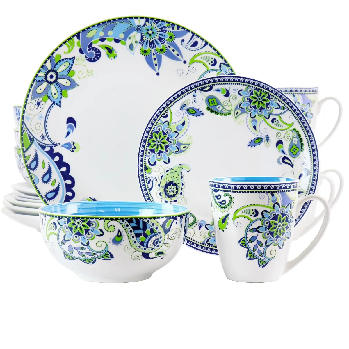 212 MAIN 16-Piece Round Porcelain Tableware Set, Blue Fiesta - Includes Dishes and Plates, Dish, Cutlery