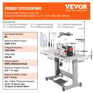 VEVOR Industrial Sewing Machine, Upgraded 550W Servo Motor with Table Stand, 5000s. p. m Heavy Duty Lockstitch Sewing Machine, High Speed, Clear Control Panel and Electro-mechanization Start-stop