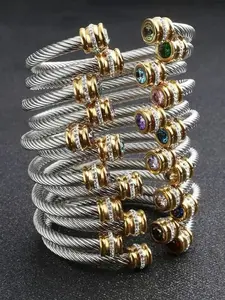 Unisex Casual Fashion Stainless Steel Birthstone Cuff Bracelet, Rhinestone Design, Zinc Alloy Chain, All Seasons Wear, Rhinestone Bangle Bracelet tiktokshopspringglowup