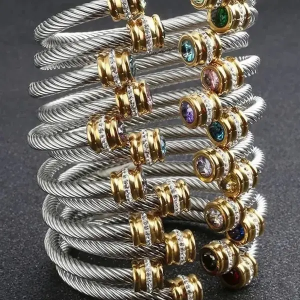Unisex Casual Fashion Stainless Steel Birthstone Cuff Bracelet, Rhinestone Design, Zinc Alloy Chain, All Seasons Wear, Rhinestone Bangle Bracelet