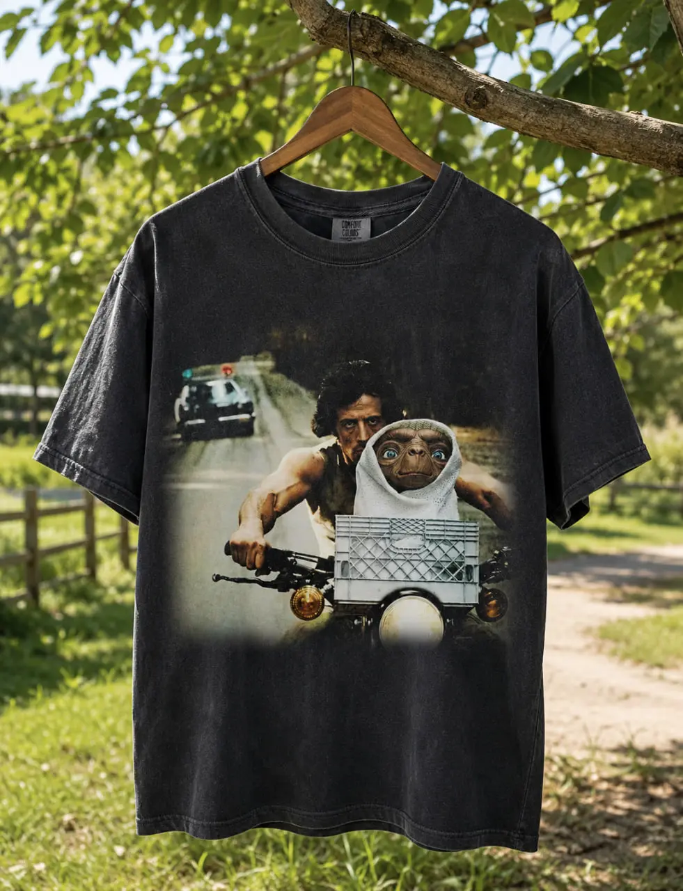 Women's 80s Movie Parody T-Shirt - Retro Rambo E.T. Mashup Graphic Tee, Vintage Mineral Wash Unisex Streetwear Top