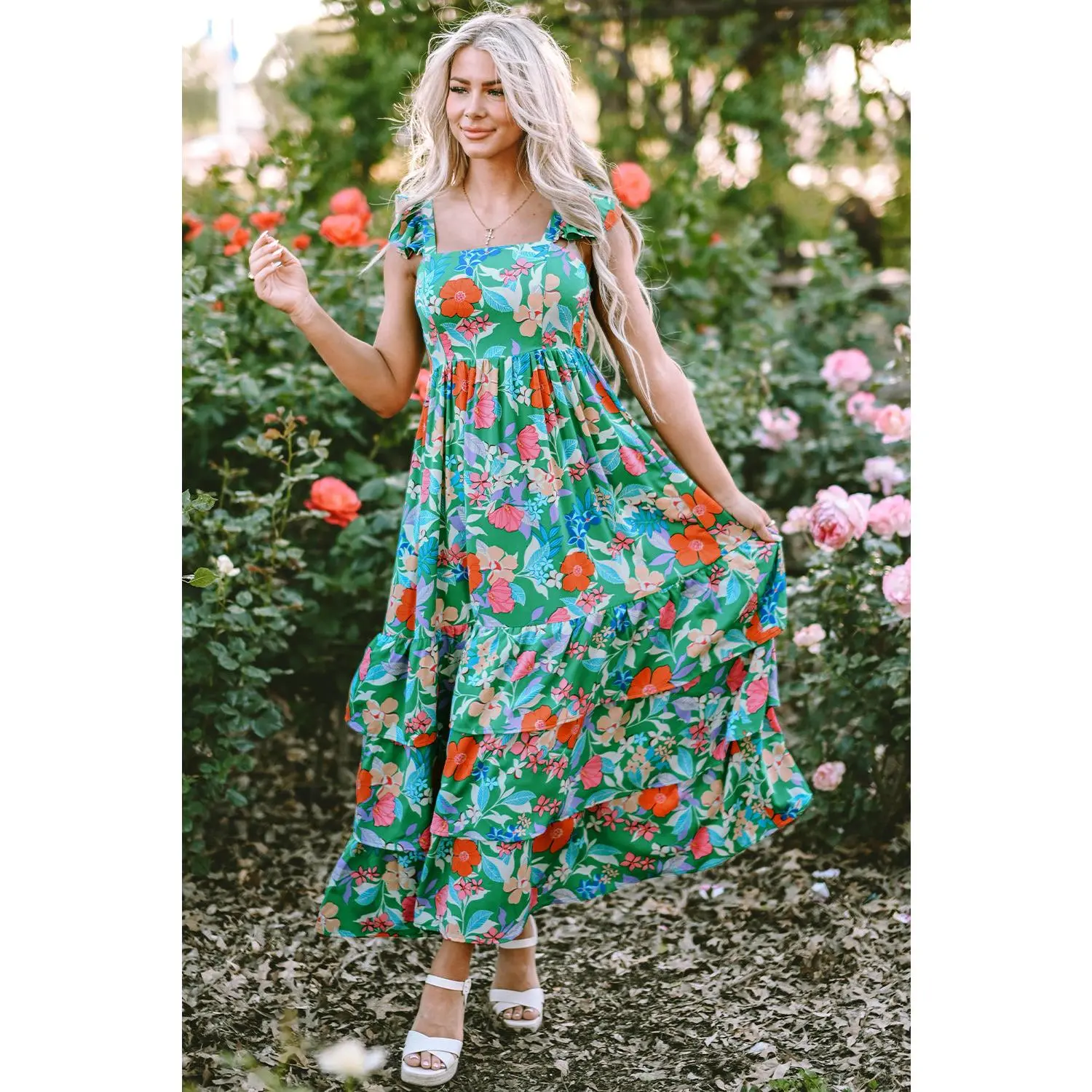 Green Floral Print Sleeveless Ruffle Tiered Maxi Dress - TikTok Shop