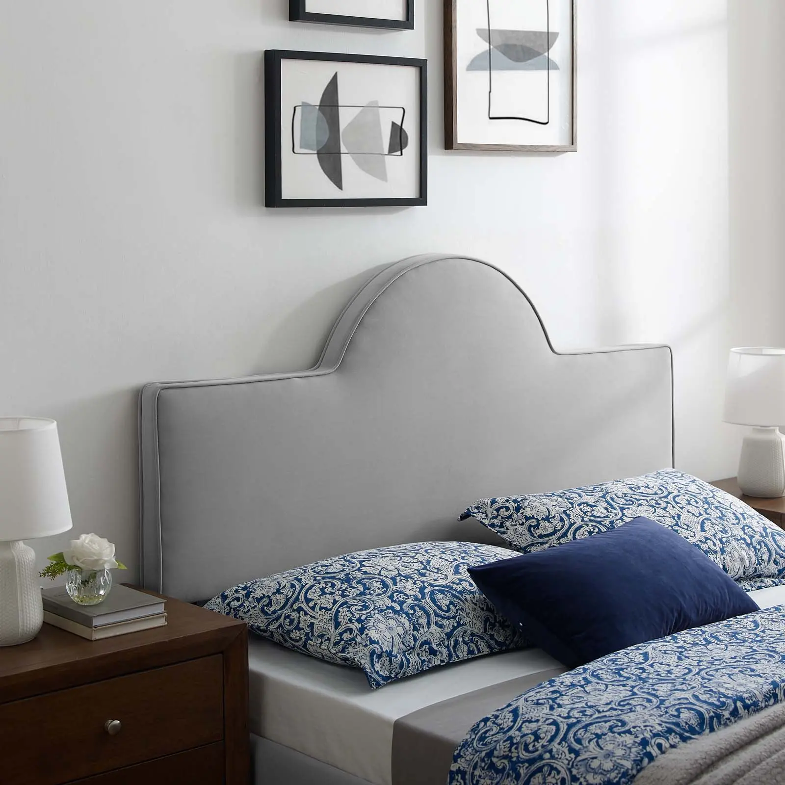 Modway Dawn Full/Queen Performance Velvet Headboard - Light Gray, Glam, Padded Foam, Unique Bedroom Furniture, Assembly Required Indoor Bed Frame Accessory, Reign