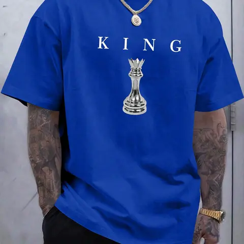Men's Chess & Letter Print Round Neck Graphic Tee, Regular Fit Short Sleeve T-Shirt Men's Top Casual Tee Tops for Daily Wear, Tropical, Casual Summer Clothes, Casual Style Tee