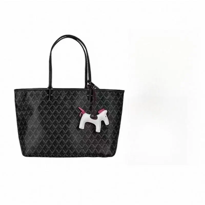 Women Large Capacity Tote Bag, Black Geometric Print Shoulder Handbag, Fashion Top Handle Bag with Random Color Pendant for Work Shopping Travel