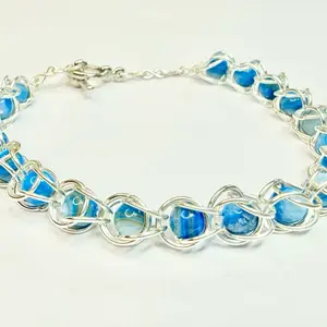 Blue Glass Bead Bracelet with Silver Tone Chain and Clasp, Elegant Design for Women, Perfect for Everyday Wear