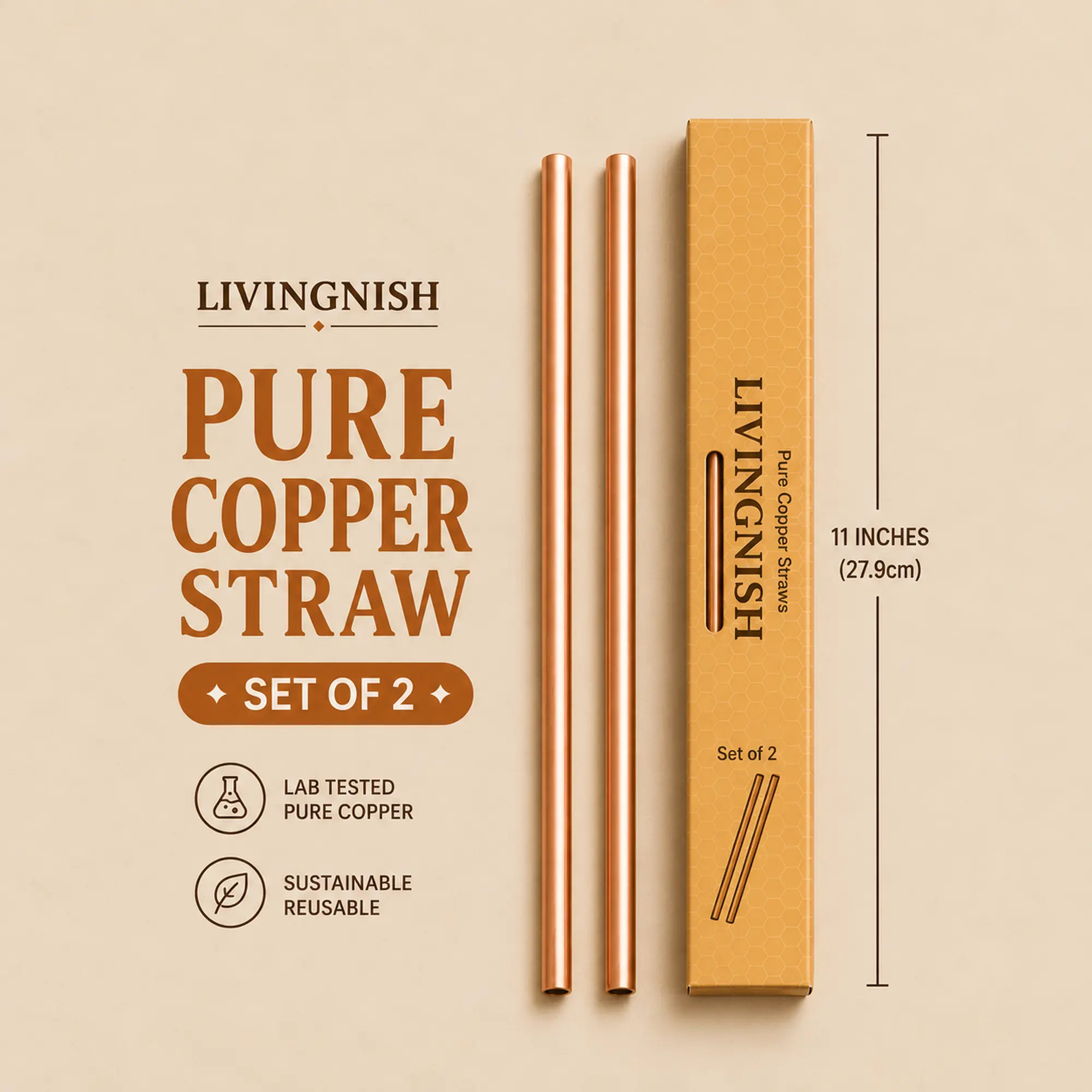 Livingnish Elegant 11 inches Pure Copper 100% Food-Grade Reusable Metal Drinking Straws, Set of 2 - 2-Pack Convenience, Plastic-Free, for Moscow Mule Mugs, Iced Beverages, Smoothies, Clean Metal Touch