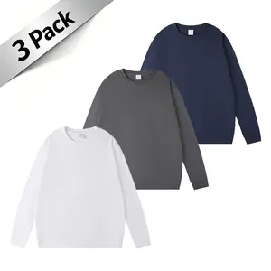 3-Pack Men’s Solid Color Crew Neck Long Sleeve T-Shirts, 100% Cotton, Casual Versatile Basic Undershirt Tops