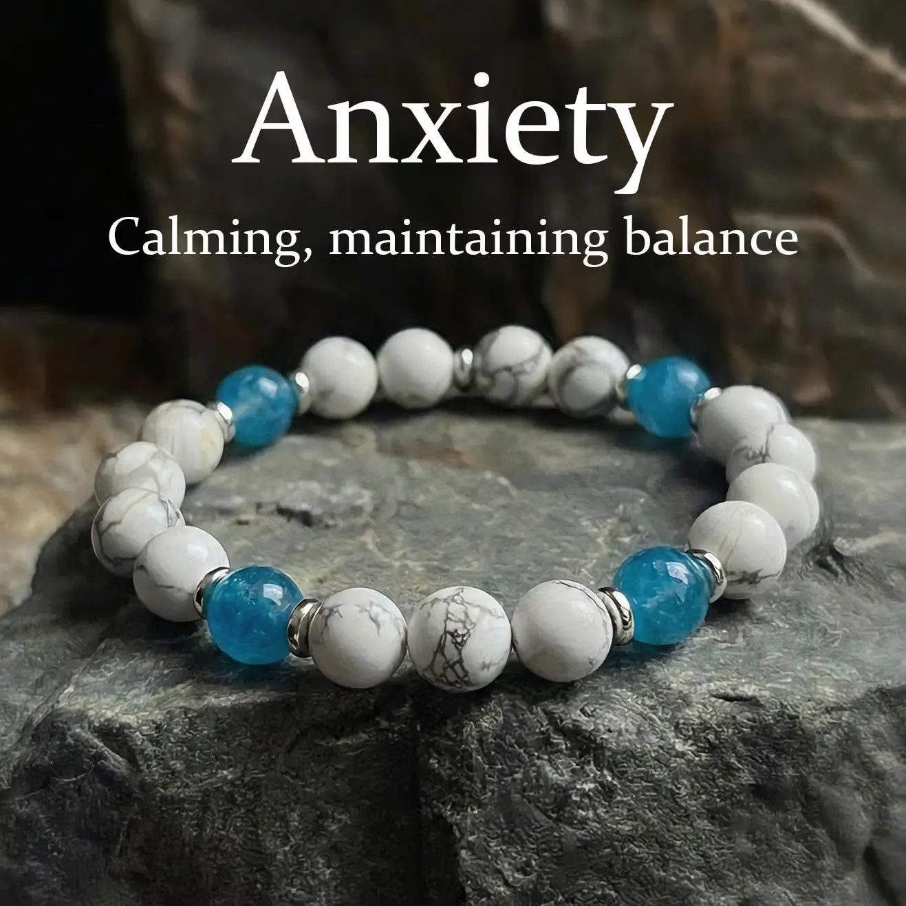 [Free 14K Gold Pendant] Natural Howlite & Aquamarine Stress-Relief Healing Crystal Bracelet with Metal Spacer Beads & Elastic Cord, Calms Emotions, Brings Peace & Good Fortune, Unisex Adults' Everyday Wear, April Birthstone, Memorial Day Gift, Stretchable