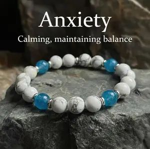 Natural Howlite & Aquamarine Stress-Relief Bracelet, Healing Energy Bead Bracelet Reduces Stress, Calms Emotions, and Brings Good Fortune and Peace, Unisex, An Ideal Mother's Day / Teacher's Day / Nurses' Day Gift, April Birthstone