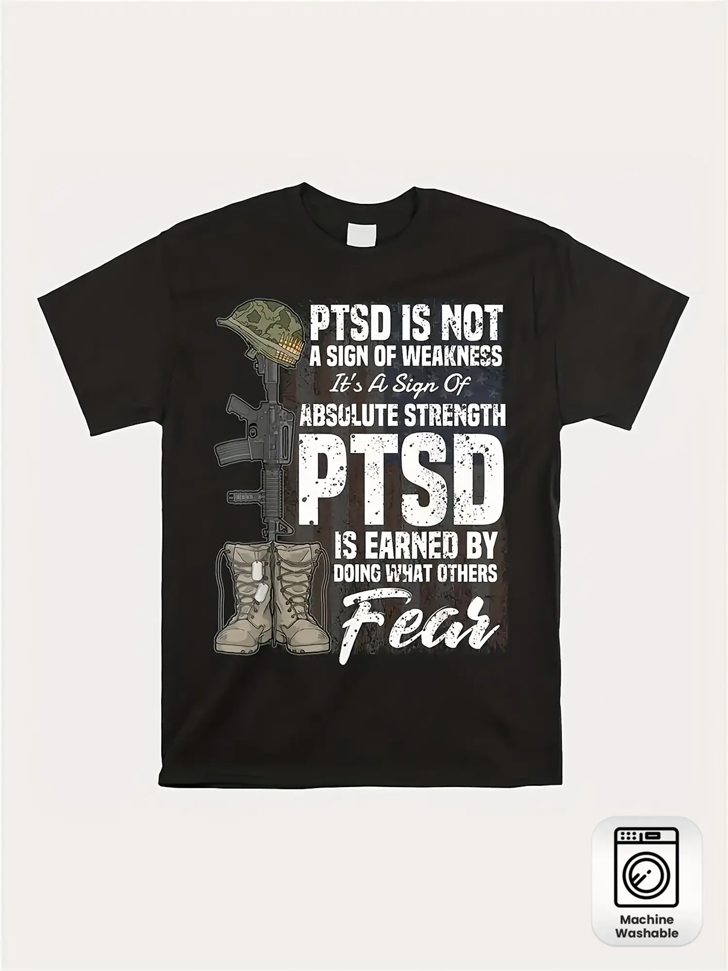PTSD Awareness Men's BlackT-Shirt -Casual Short Sleeve,100% Polyester, High Elasticity Fabric with Combat Boots and Rifle Design, Machine Washable -All-Season Wear, Inspirational Apparel | Bold Text GraphiclGlossy Finish