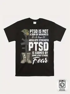 PTSD Awareness Men's BlackT-Shirt -Casual Short Sleeve,100% Polyester, High Elasticity Fabric with Combat Boots and Rifle Design, Machine Washable -All-Season Wear, Inspirational Apparel | Bold Text GraphiclGlossy Finish
