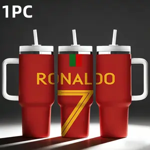 1pc 40oz Cristiano Ronaldo No. 7 Insulated Mug - Portugal National Team/Manchester United Dual-Style Stainless Steel Car Straw Mug with Handle & Straw - Exclusive for Sports Fans