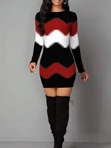 Women's Christmas Vintage Geometric Print Casual Long Sleeve Dress, Elastic Polyester Blend Mini Tight Fit, Perfect for Daily Wear & Festive Party Occasions, Perfect Holiday Gift