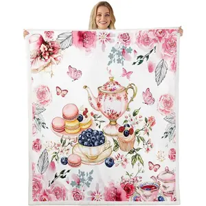 Tea Party Bed Blanket,Girls Pink Teatime Dessert Bed Plush Blanket for Rustic Home Decor,Cupcake Biscuit Blueberries Flannel Blanket,Colorful Flowers Leaves Fleece Blanket,Baby