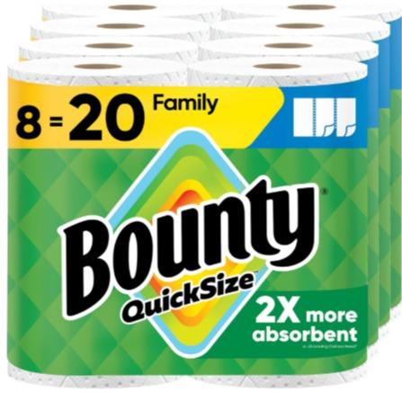 Bounty Quick Size Paper Towels, White, 8 Family Rolls, 2X More Absorbent, 4 Packs, 20 Regular Rolls Equivalent, Kitchen Wipes