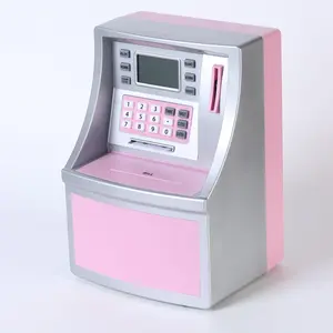 Silver Pink ATM bank savings account, recognizes US dollars and coins, with PIN and card reader, automatic coin reel (paper money amount manually entered), with calculator and clock.