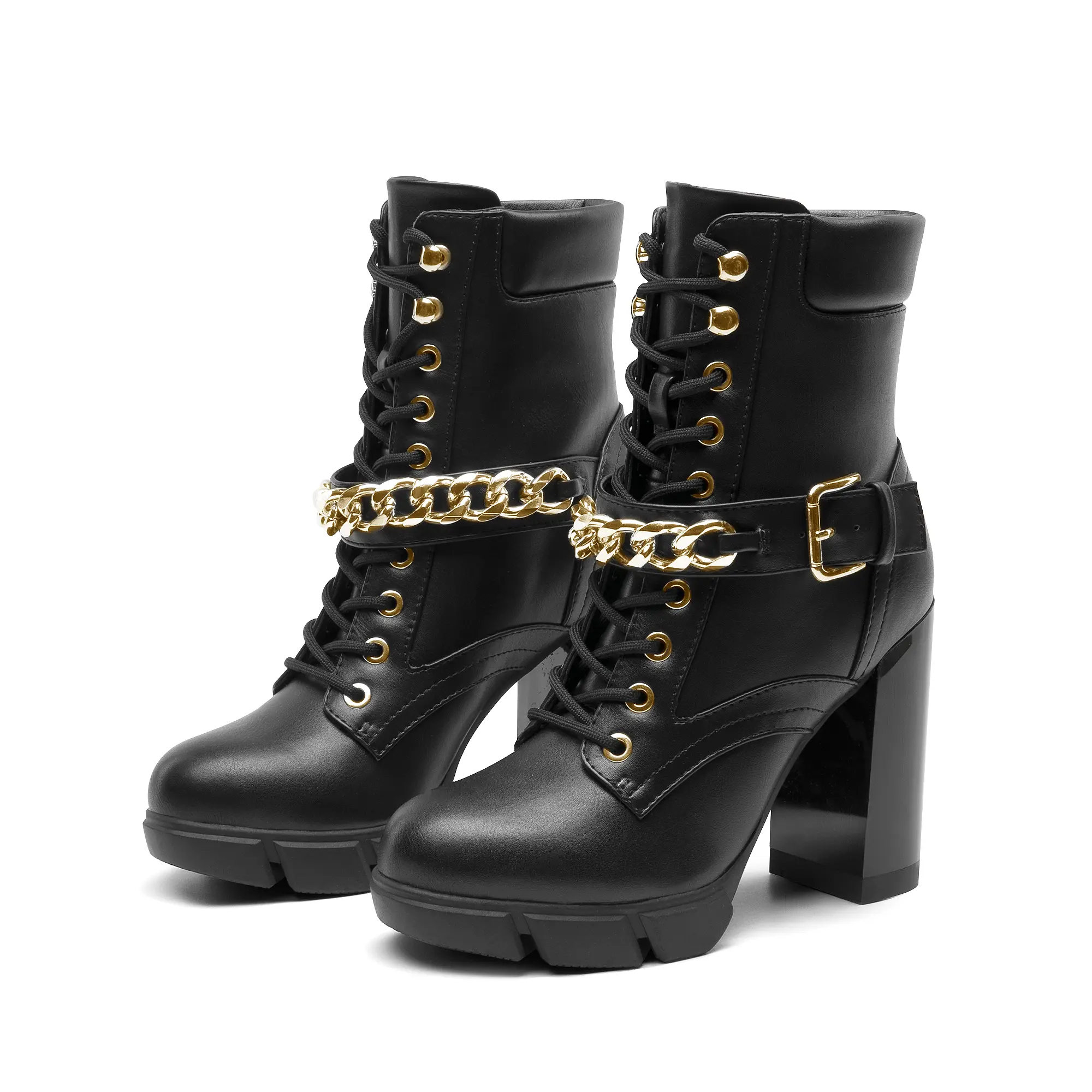 Women's Chunky Heel Lace-Up Combat  with Chain Detail winter boots Girl Footwear Comfort Elegant Bathroom Stylish Chef Walking Shoes