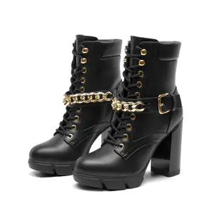 Women's Chunky Heel Lace-Up Combat  with Chain Detail winter boots Girl Footwear Comfort Elegant Bathroom Stylish Chef Walking Shoes